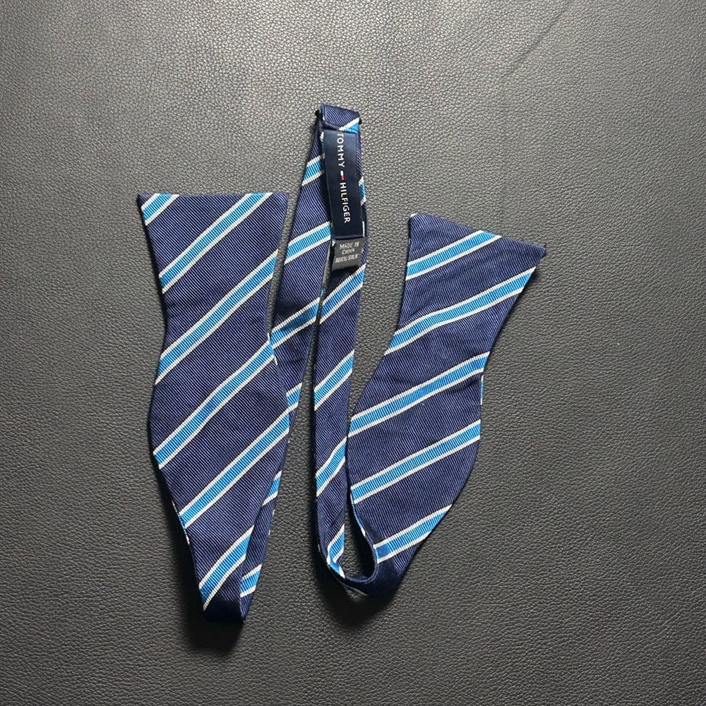 Tommy Hilfiger Blue and White Striped Bow Tie